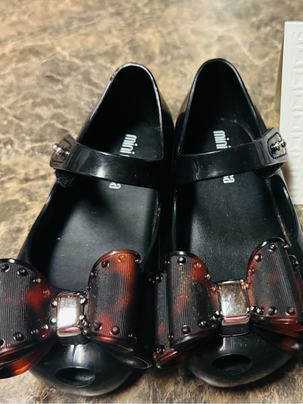 Mini Melissa Black Jelly Mary Janes with Tortoiseshell Bow
